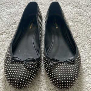 Saint Laurent, silver studded, black leather flat ballerina shoe size 39